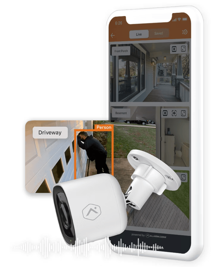Alarm.com’s app displaying real-time video footage and AI-based motion detection, highlighting advanced monitoring for home security.