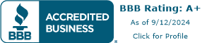 Better Business Bureau “Accredited Business” badge showing an A+ BBB rating with a note “As of 9/12/2024 – Click for Profile.”