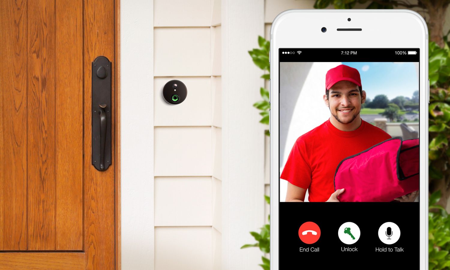 A front door with a smart video doorbell installed beside it, while a smartphone screen shows a live video feed of a delivery driver holding a package. The phone interface includes options to end the call, unlock the door, or speak through the doorbell, illustrating remote home access and video doorbell communication.