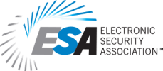 ESA Electronic Security Association logo with stylized gray and blue radiating lines encircling the bold &ldquo;ESA&rdquo; initials, followed by the words &ldquo;Electronic Security Association&rdquo; in black.