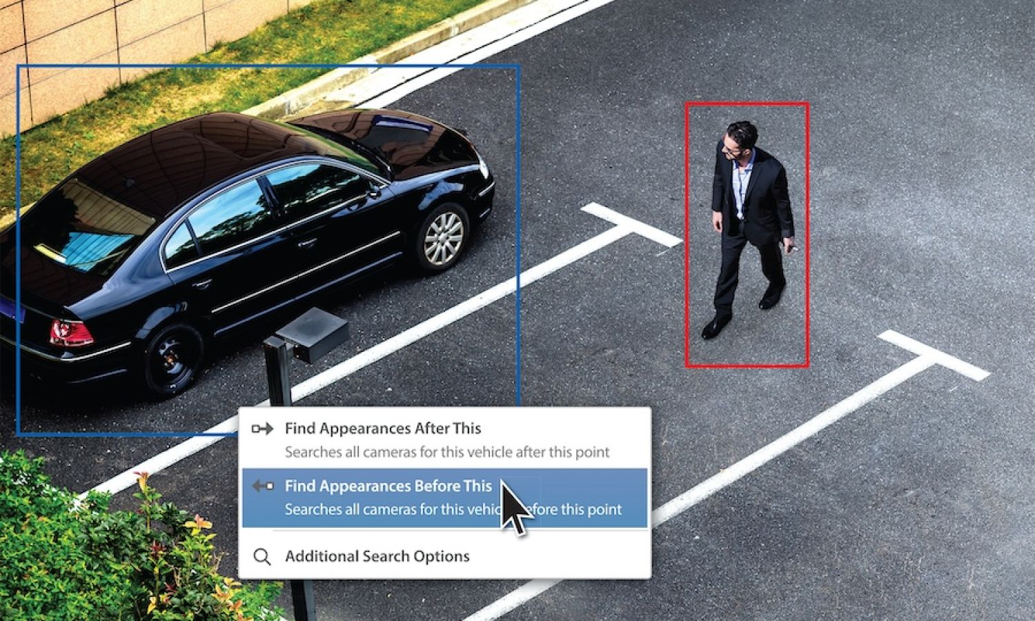 Overhead view of a parking lot where a black sedan is outlined in blue and a walking man in a suit is outlined in red, with an on-screen menu showing video search options such as “Find Appearances Before This” highlighted by a cursor.
