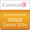 Control4 &ldquo;Authorized Gold Dealer 2024&rdquo; badge with a white top and gold gradient bottom.