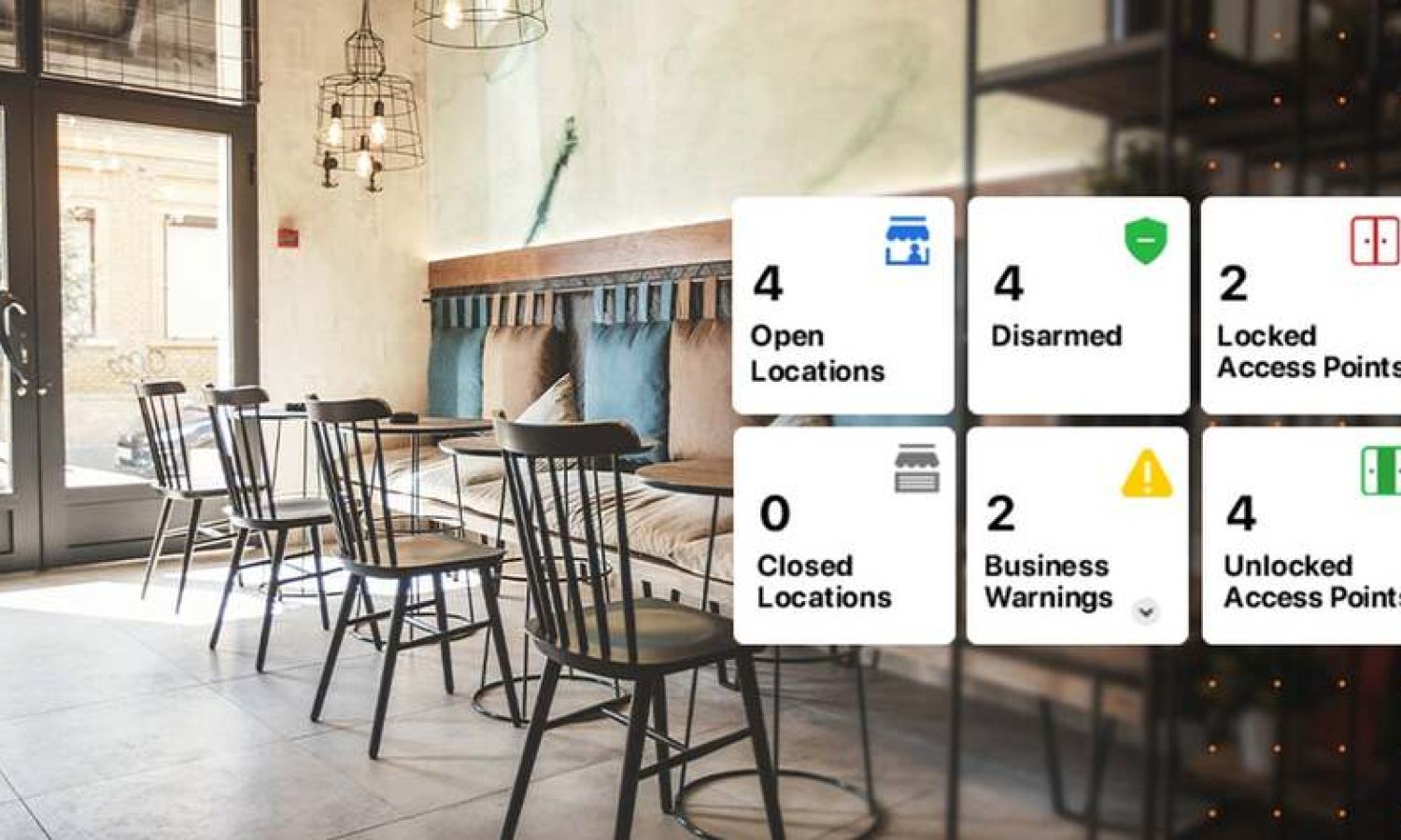 Cozy café interior with empty tables and chairs, bench seating, and hanging pendant lights, overlaid on the right with a digital security dashboard showing business location and access point status tiles.
