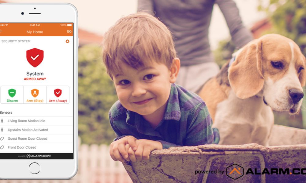 A smartphone displays a home security app interface showing an armed system. Next to it, a young boy smiles with a beagle dog beside him in an outdoor setting.