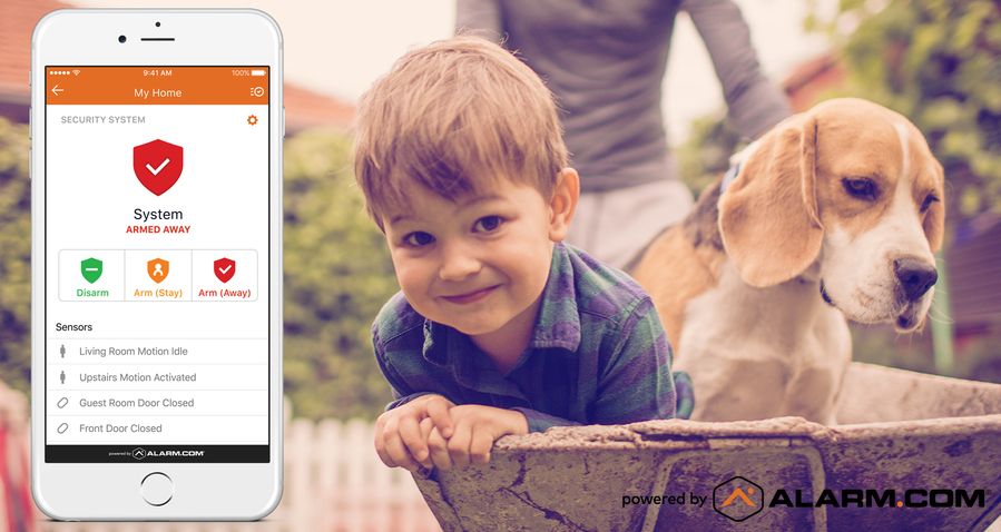 A smartphone displays a home security app interface showing an armed system. Next to it, a young boy smiles with a beagle dog beside him in an outdoor setting.