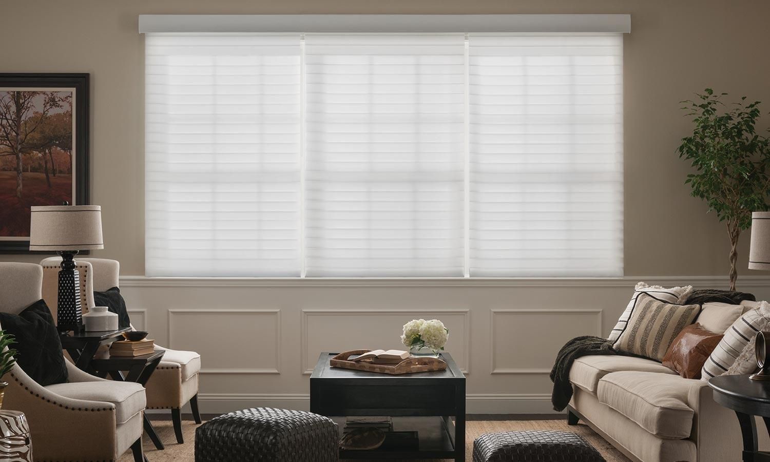 Cozy living room with Lutron Roman shades, neutral-toned furniture, and a welcoming ambiance.